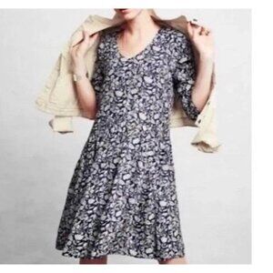 Garnet Hill Women’s Dress Size 14 Blue White Floral Bohemian Drop Waist Pockets